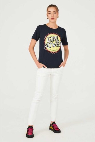 Yazılı Bisiklet Yaka Kadın T-Shirt - 3