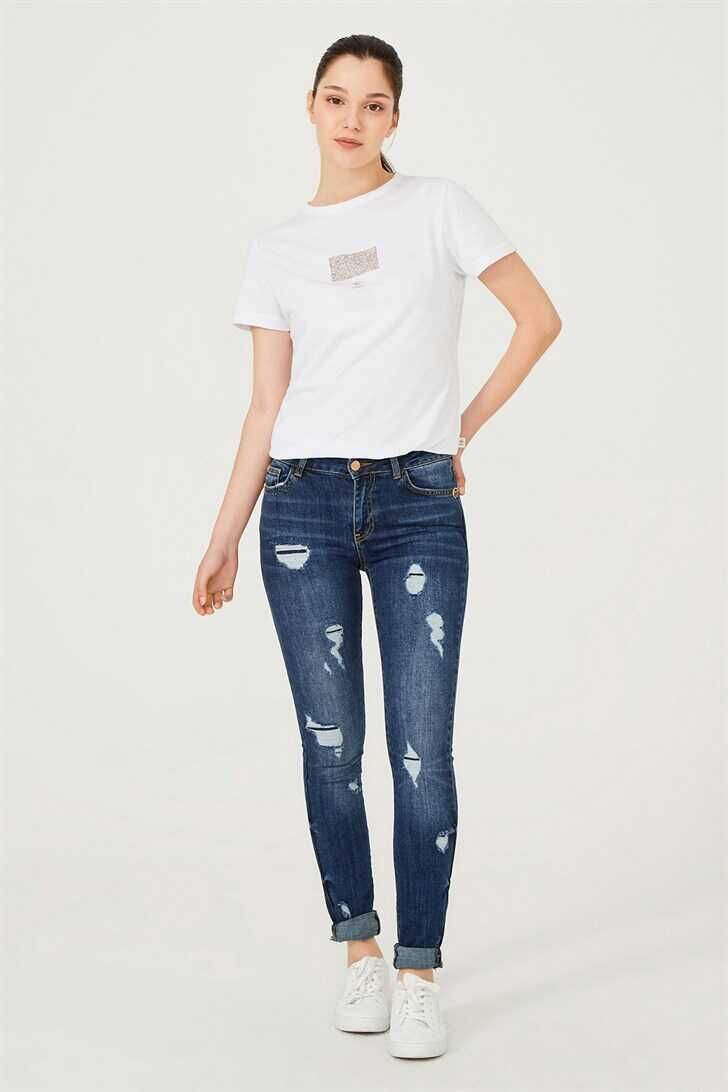 Yırtrık Dar Paça Kadın Jeans - 3